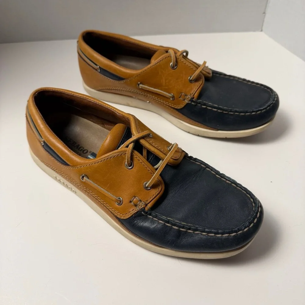 Sebago Dockside Boat Shoes Womens 10 Navy Tan Leather Preppy Nautical Old Money